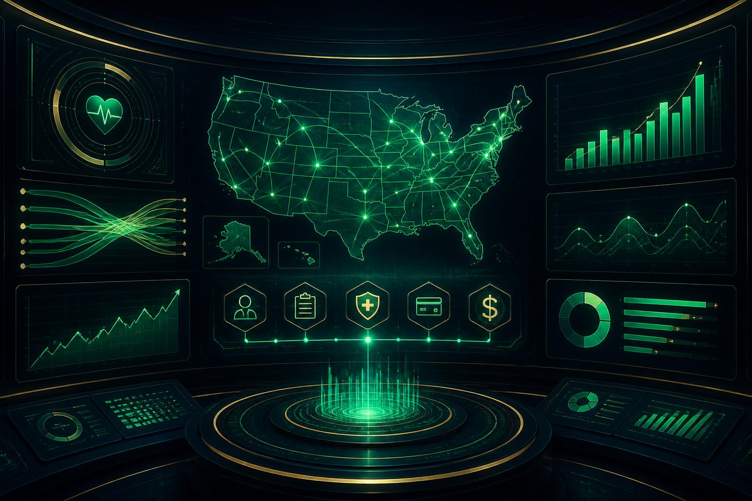 Healthcare AI command center showing pipeline charts and a US territory map